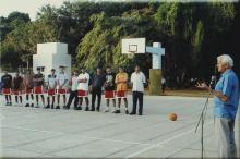 Mr. Gerhard Fischer addresses the players of a basketball team, 2005 