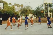 A women's basketball match in progress, 2005