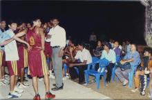 A basketball team huddle, 2005