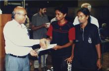 Prof. S. Narayanan with participants at a basketball tournament, 2005