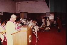 A professor calls out the names of graduands at the 31st Convocation, 1994