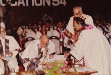 Dr. M. S. Swaminathan signing the record of degrees conferred at the 31st Convocation, 1994