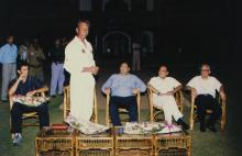 Anshuman Gaekwad addresses an audience at the Chemplast Cricket Ground, 2001