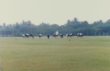Indian cricketers warming up at the Chemplast Cricket Ground, 2001