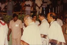 Mr. Arif Mohammed Khan, Prof. N. V. C. Swamy and Mr. A. L. Mudaliar enters the convocation hall with the academic procession, 1990