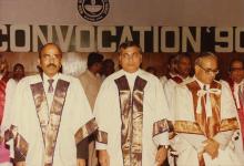 Mr. A. L. Mudaliar, Mr. Arif Mohammed Khan and Prof. N. V. C. Swamy at the 27th Convocation, 1990