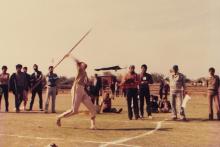 A thrower about to launch a javelin, 1985