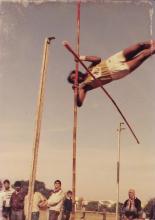 A pole vaulter from IIT Madras at the 22nd Inter-IIT Sports Meet, 1985