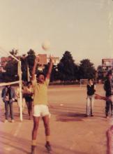 An IIT Madras volleyball player in action, 1985