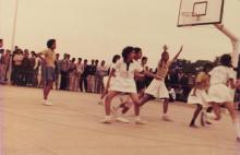 A women's basketball match in progress, 1985
