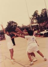 A photograph taken during a basketball match at the 22nd Inter-IIT Sports Meet, 1985