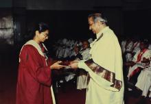 Dr. P. Rama Rao presents a degree certificate to a graduand, 1992