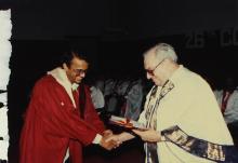 Mr. Russi Mody presents a degree to a graduand at the 26th Convocation, 1989