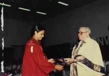 Mr. Russi Mody presents a degree to a graduand at the 26th Convocation, 1989