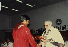 Mr. Russi Mody presents a degree to a graduand, 1989