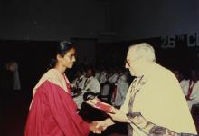 Mr. Russi Mody presents a degree to a graduand at the 26th Convocation, 1989