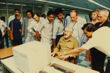 Mr. Hans Klein operating a terminal at IIT Madras, 1988