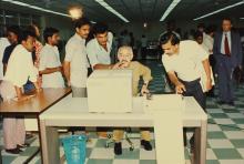 Mr. Hans Klein operating a terminal, 1988
