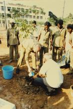 Mr. Hans Klein waters a sapling at IIT Madras, 1988