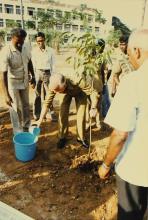 Mr. Hans Klein waters a sapling at IIT Madras, 1988