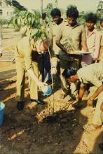 Mr. Hans Klein waters a sapling at IIT Madras, 1988