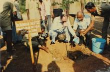Dr. Konrad Seitz waters a sapling at IIT Madras, 1988