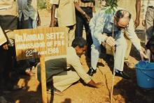 Dr. Konrad Seitz waters a sapling at IIT Madras, 1988