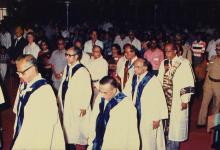 Dr. V. S. Arunachalam enters the convocation hall with the academic procession, 1988