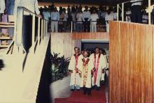 Led by Mr. V. Shanmugam, the academic procession enters the convocation hall, 1988