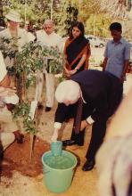Richard von Weizsäcker waters a sapling at IIT Madras, 1991