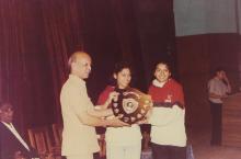 Two girls from IIT Delhi receive a shield from Prof. Y. Narayana Rao, 1994
