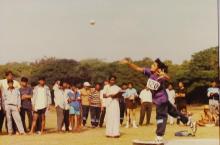 A shot-putter launches a shot, 1994