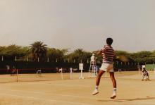 A tennis player hits a forehand, 1994