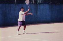 A person plays a forehand stroke, 1999
