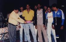 Prof. R. Natarajan presents a prize to students during the 35th Inter-IIT Sports Meet, 1999
