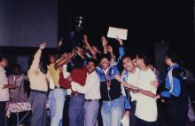 An ecstatic IIT Madras team lifts a trophy, 1999
