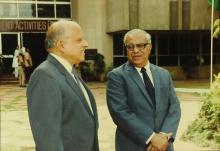 Dr. M. S. Swaminathan, Chairman, Board of Governors, with Prof. N. V. C. Swamy, Director, outside the Student Activities Centre on convocation day, 1993