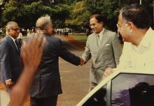 Dr. M. S. Swaminathan, Chairman, Board of Governors, welcomes the chief guest Mr. K. L. Chugh, Chairman of ITC Limited, Calcutta, during the 30th Convocation, 1993