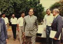 Mr. K. L. Chugh, Chairman of ITC Limited, Calcutta, is welcomed by Dr. M. S. Swaminathan, Chairman, Board of Governors, and Prof. R. Kalyana Krishnan during the 30th Convocation, 1993. Mr. Chugh was the chief guest at the convocation.