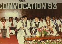 Mr. K. L. Chugh, Chairman of ITC Limited, Calcutta, Dr. M. S. Swaminathan, Chairman, Board of Governors, and Prof N. V. C. Swamy, Director, seated at the dais during the 30th Convocation, 1993