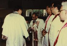 Mr. V. Shanmugam, the Registrar, greets Mr. K. L. Chugh, Chairman of ITC Limited, Calcutta, during the 30th Convocation, 1993