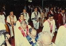 The academic procession enters the convocation hall during the 30th Convocation in 1993. Prof. N. V. C. Swamy, Director, Dr. M. S. Swaminathan, Chairman, Board of Governors, and Mr. K. L. Chugh, Chairman of ITC Limited, Calcutta, can be seen in the image.