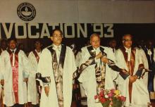 Mr. K. L. Chugh, Chairman of ITC Limited, Calcutta, Dr. M. S. Swaminathan, Chairman, Board of Governors, and Prof. N. V. C. Swamy, Director, at the dais during the 30th Convocation, 1993