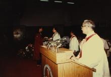 Prof. C. R. Muthukrishnan watches as a graduand receives his degree certificate from Mr. K. L. Chugh, Chairman of ITC Limited, Calcutta, during the 30th Convocation, 1993