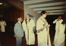 Mr. V. Shanmugam, Registrar, Dr. M. S. Swaminathan, Chairman, Board of Governors and the chief guest Mr. K. L. Chugh, Chairman of ITC Limited, Calcutta photographed during the 30th Convocation, 1993
