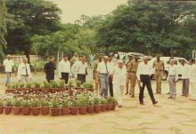 Prof. L. S. Srinath, Mr. A. L. Mudaliar and Mr. Russi Mody arriving at the Student Activities Centre, 1989