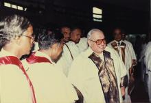 Prof. L. S. Srinath introduces Mr. Russi Mody to Senate members at the 26th Convocation, 1989