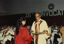 Prof. L. S. Srinath giving away degree to a girl student at the 26th Convocation, 1989