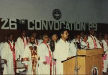 The distinguished guests standing on the stage at the 26th Convocation, 1989