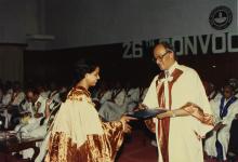 Prof. L. S. Srinath giving away degree to a girl student at the 26th Convocation, 1989